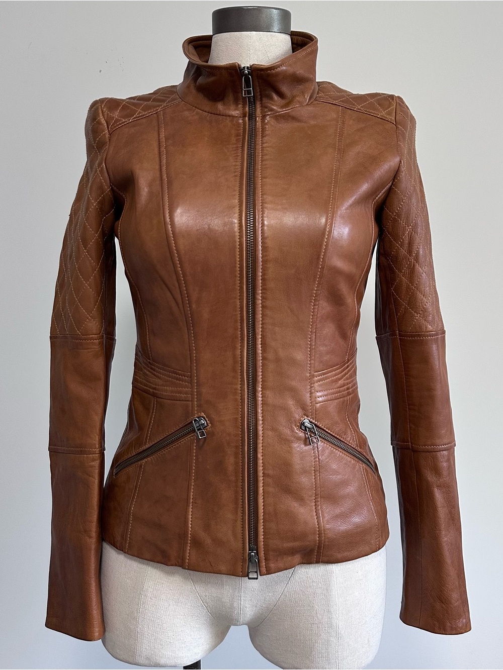 Danier Cognac Brown Leather Zip-Front Jacket